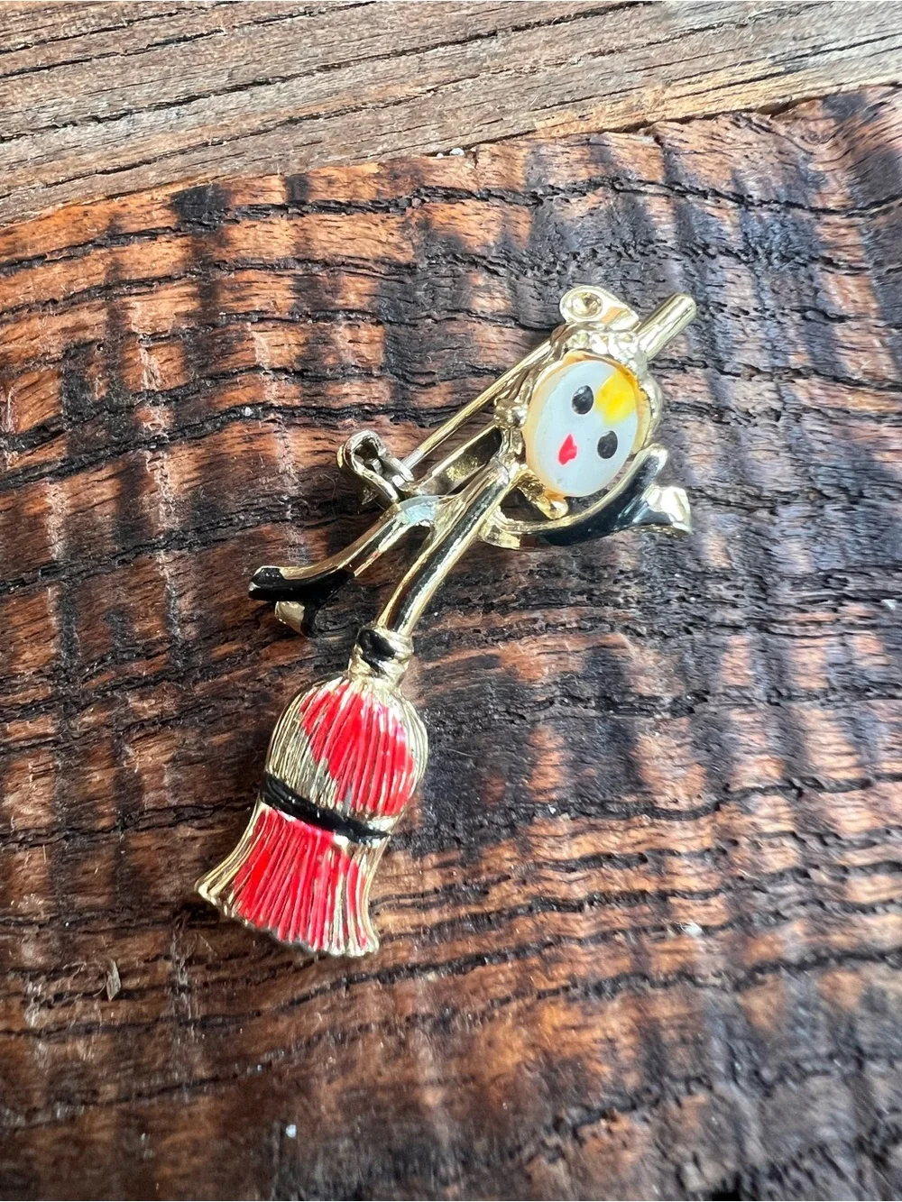 Gold-tone Enamel Witch on Broomstick Brooch - Red & Black Detail